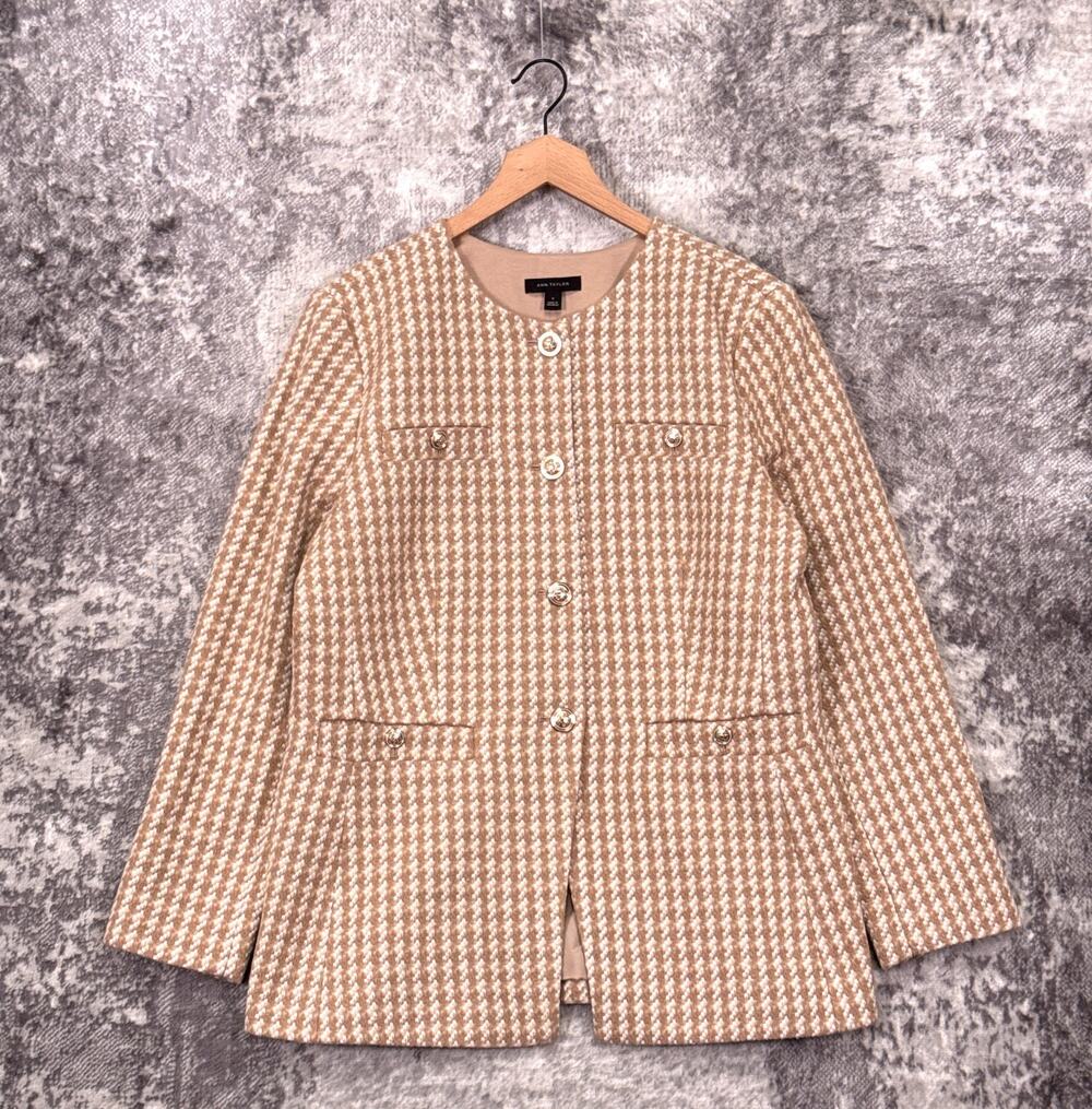 New Ann Taylor Tweed Coat 16 Womens Gold Collarless Button Up